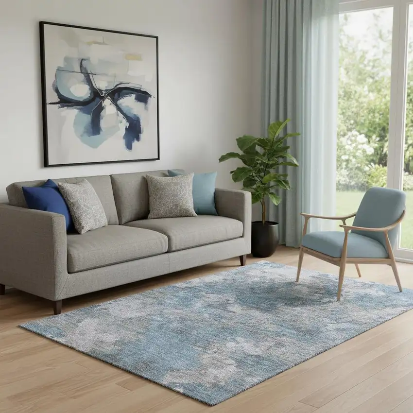 Denim Blue And Gray Abstract Washable Area Rug With UV Protection Photo 2