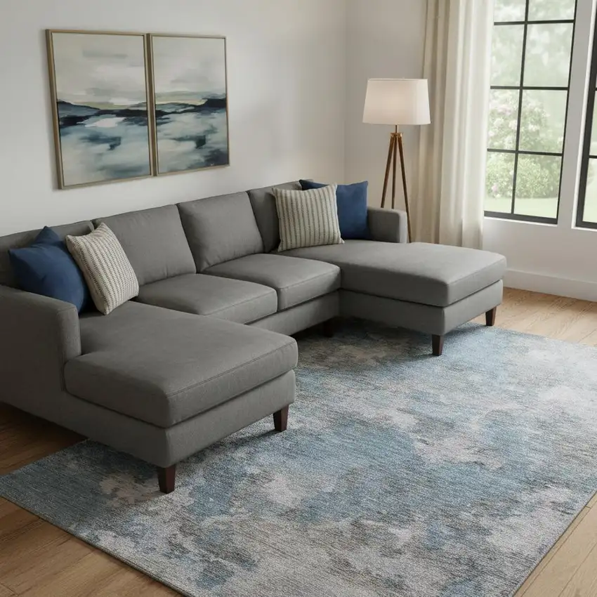 Denim Blue And Gray Abstract Washable Area Rug With UV Protection Photo 2