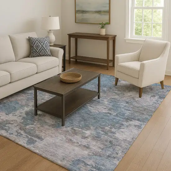 Denim Blue And Gray Abstract Washable Area Rug With UV Protection Photo 6