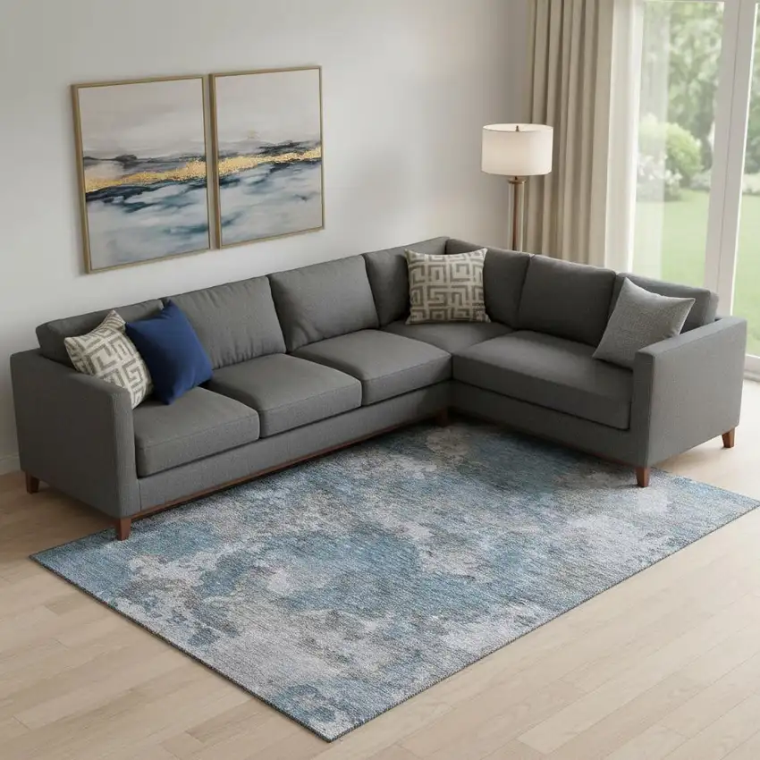 Denim Blue And Gray Abstract Washable Area Rug With UV Protection Photo 2