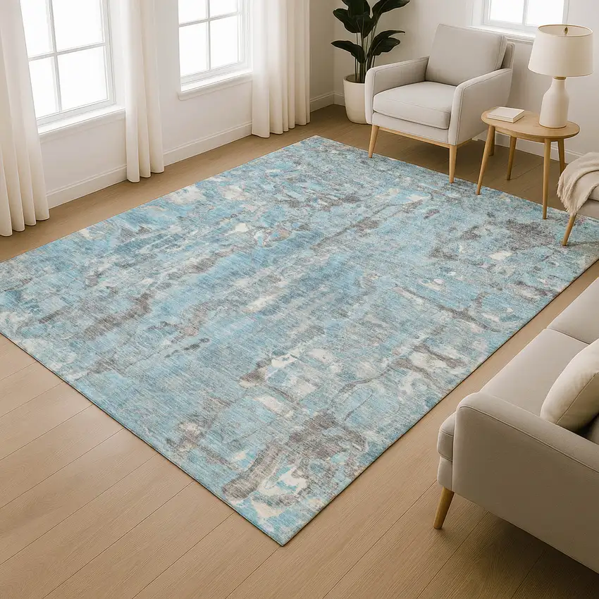 Denim Blue And Gray Abstract Washable Area Rug With UV Protection Photo 5