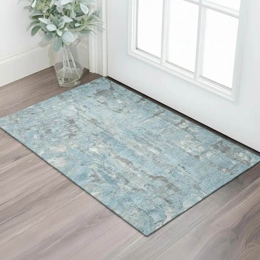 Denim Blue And Gray Abstract Washable Area Rug With UV Protection Photo 2