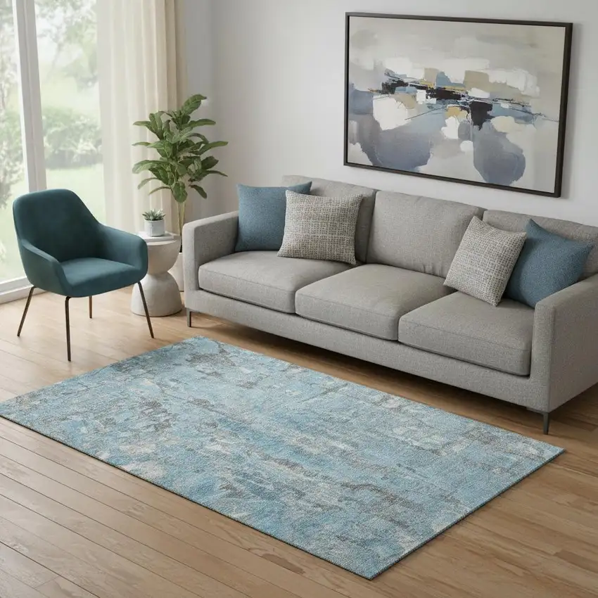 Denim Blue And Gray Abstract Washable Area Rug With UV Protection Photo 2