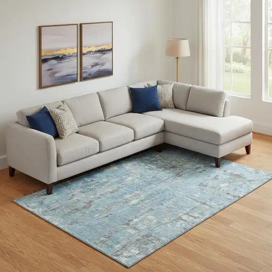 Denim Blue And Gray Abstract Washable Area Rug With UV Protection Photo 2