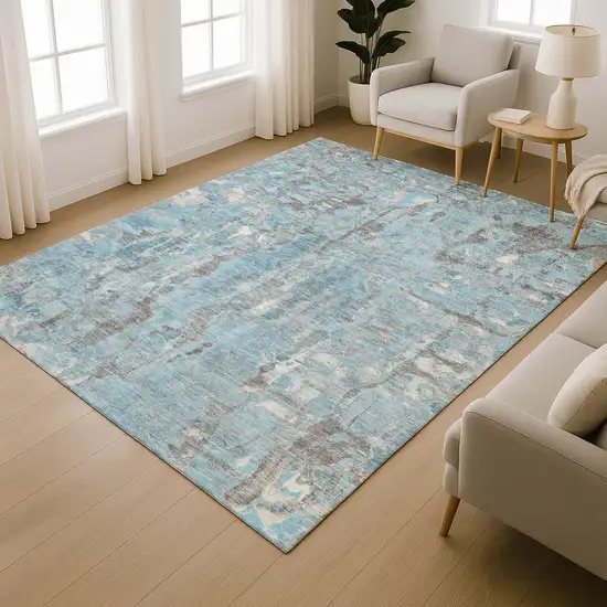 Denim Blue And Gray Abstract Washable Area Rug With UV Protection Photo 6