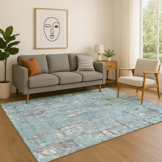 Denim Blue And Gray Abstract Washable Area Rug With UV Protection Photo 5