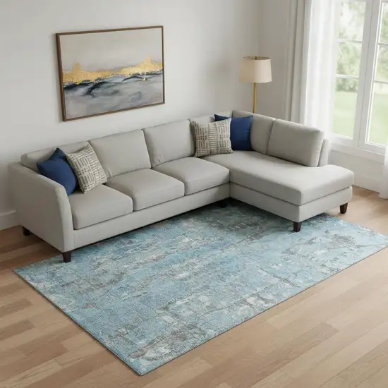 Denim Blue And Gray Abstract Washable Area Rug With UV Protection Photo 2
