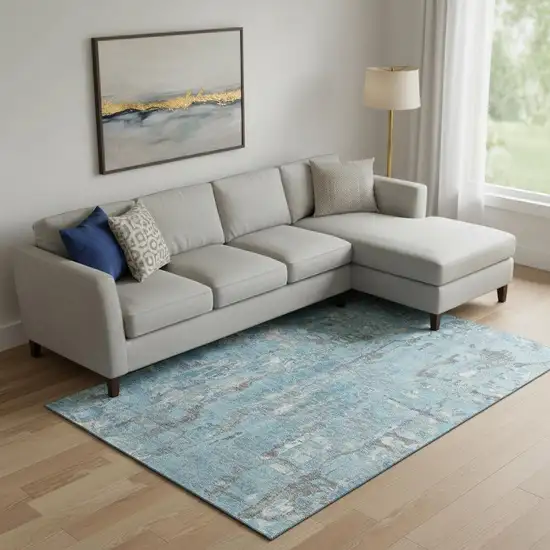 Denim Blue And Gray Abstract Washable Area Rug With UV Protection Photo 2