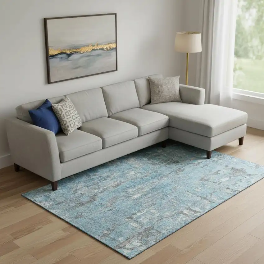 Denim Blue And Gray Abstract Washable Area Rug With UV Protection Photo 2
