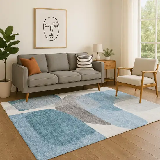 Denim Blue And Gray Abstract Washable Area Rug With UV Protection Photo 5