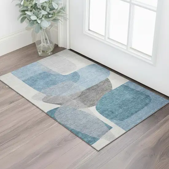 Denim Blue And Gray Abstract Washable Area Rug With UV Protection Photo 2