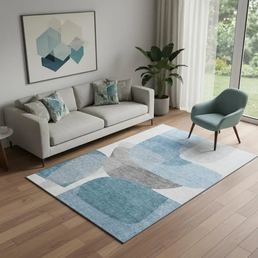 Denim Blue And Gray Abstract Washable Area Rug With UV Protection Photo 2