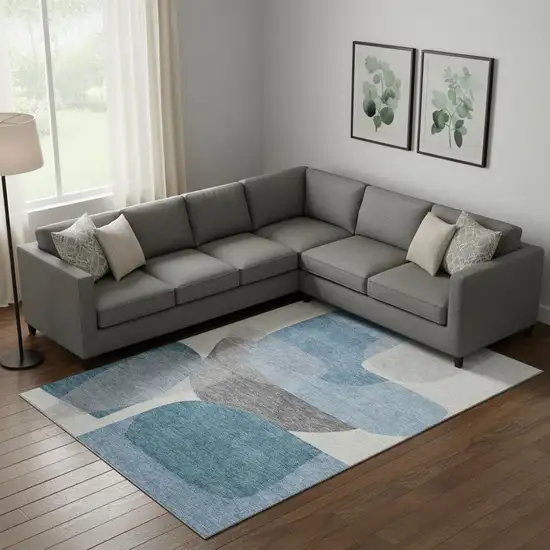 Denim Blue And Gray Abstract Washable Area Rug With UV Protection Photo 2