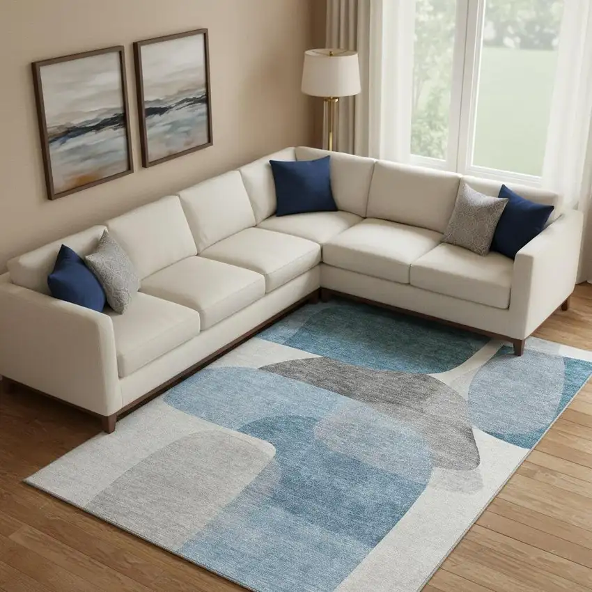 Denim Blue And Gray Abstract Washable Area Rug With UV Protection Photo 2