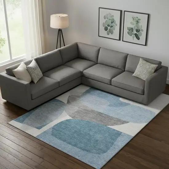 Denim Blue And Gray Abstract Washable Area Rug With UV Protection Photo 2