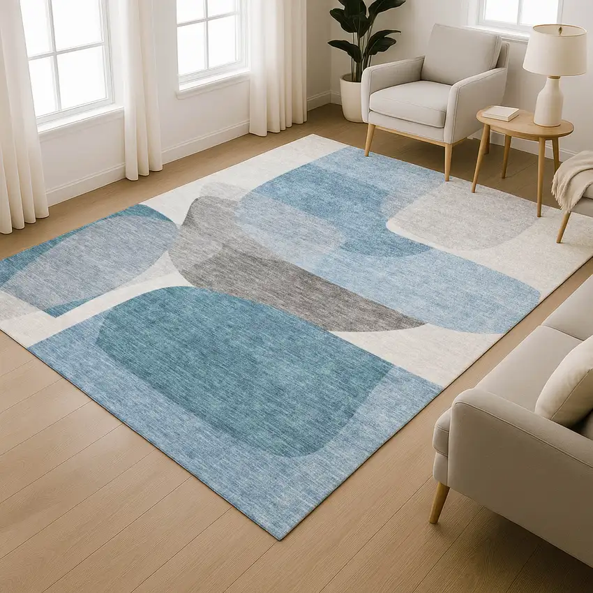 Denim Blue And Gray Abstract Washable Area Rug With UV Protection Photo 6