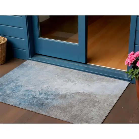 Denim Blue And Gray Abstract Washable Indoor Outdoor Area Rug Photo 2