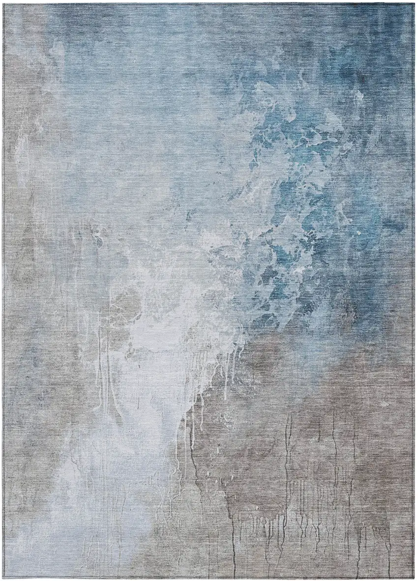 Denim Blue And Gray Abstract Washable Indoor Outdoor Area Rug Photo 1