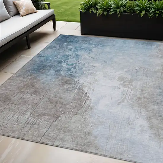 Denim Blue And Gray Abstract Washable Indoor Outdoor Area Rug Photo 2
