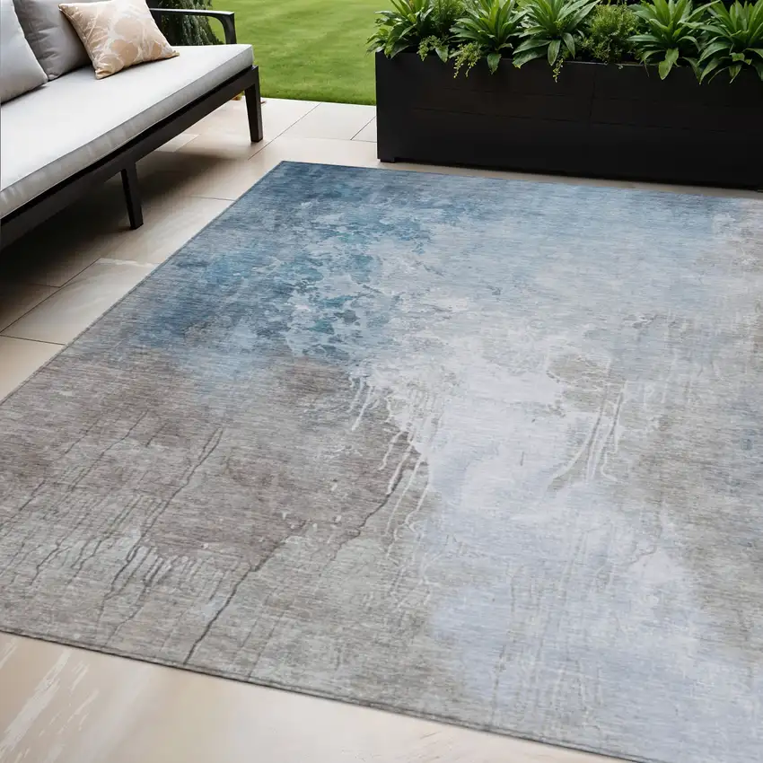 Denim Blue And Gray Abstract Washable Indoor Outdoor Area Rug Photo 2
