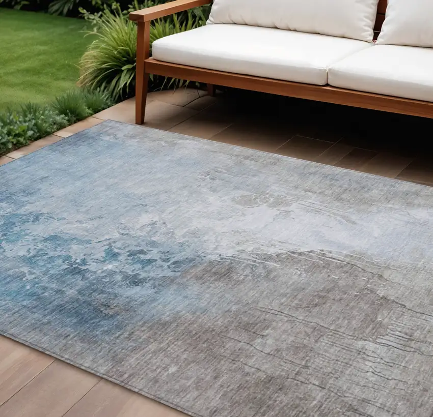 Denim Blue And Gray Abstract Washable Indoor Outdoor Area Rug Photo 2