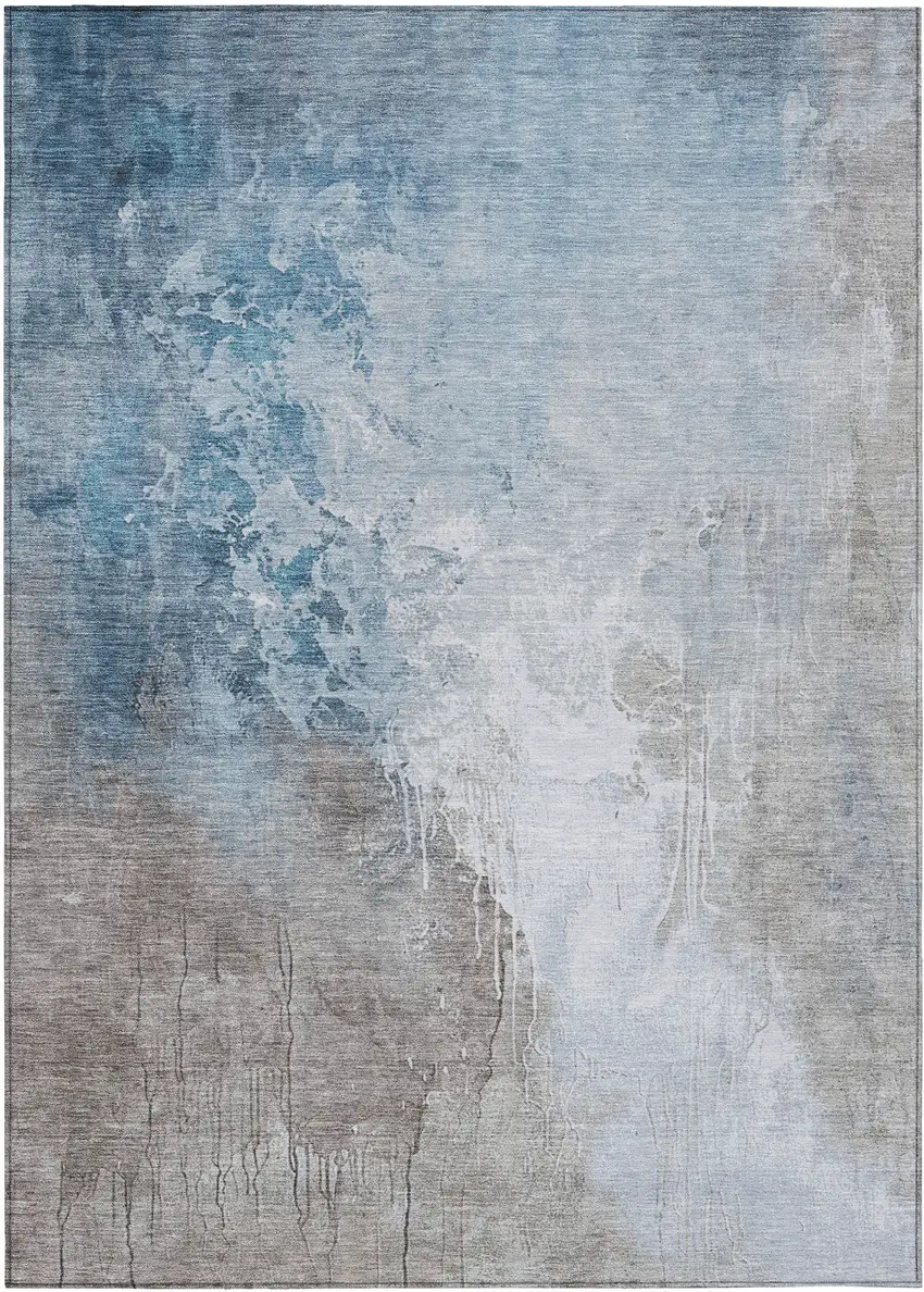 Denim Blue And Gray Abstract Washable Indoor Outdoor Area Rug Photo 1