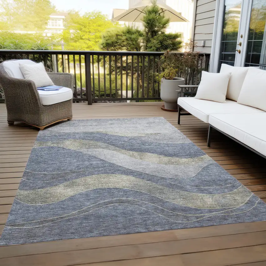 Denim Blue And Gray Abstract Washable Indoor Outdoor Area Rug Photo 9