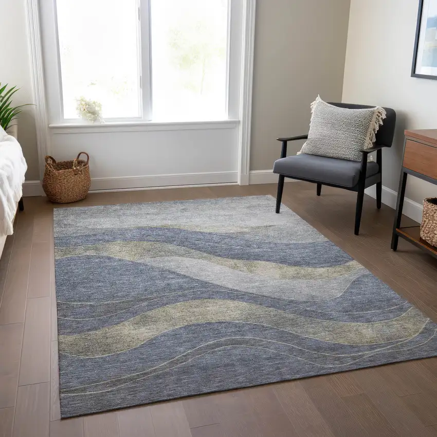 Denim Blue And Gray Abstract Washable Indoor Outdoor Area Rug Photo 8