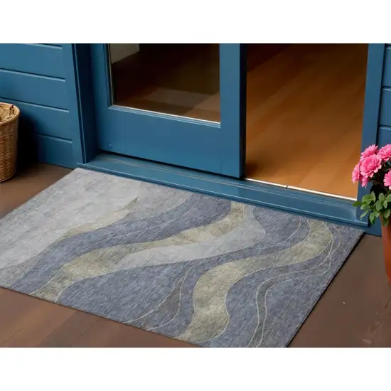Denim Blue And Gray Abstract Washable Indoor Outdoor Area Rug Photo 2