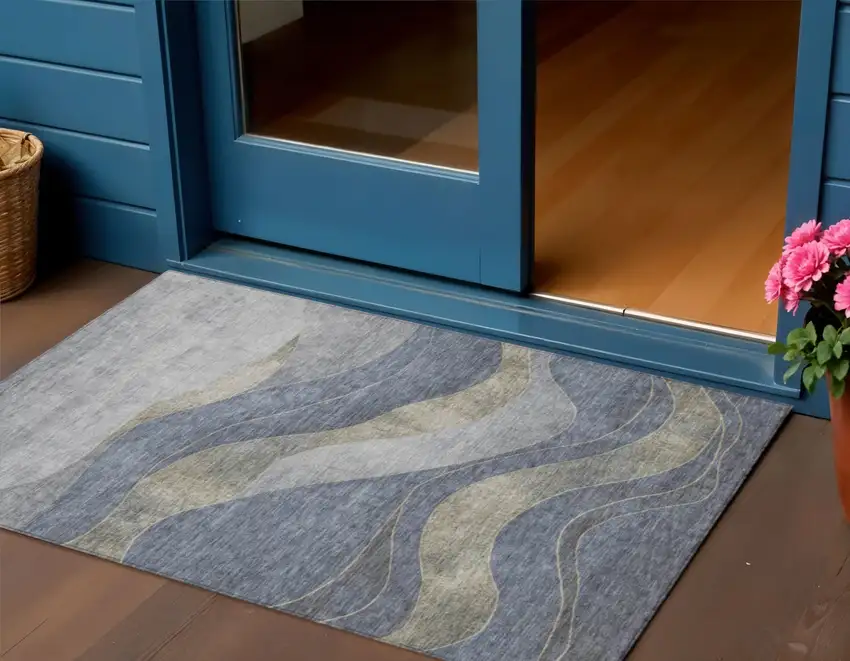 Denim Blue And Gray Abstract Washable Indoor Outdoor Area Rug Photo 2