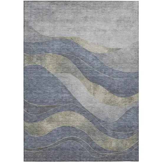 Denim Blue And Gray Abstract Washable Indoor Outdoor Area Rug Photo 3