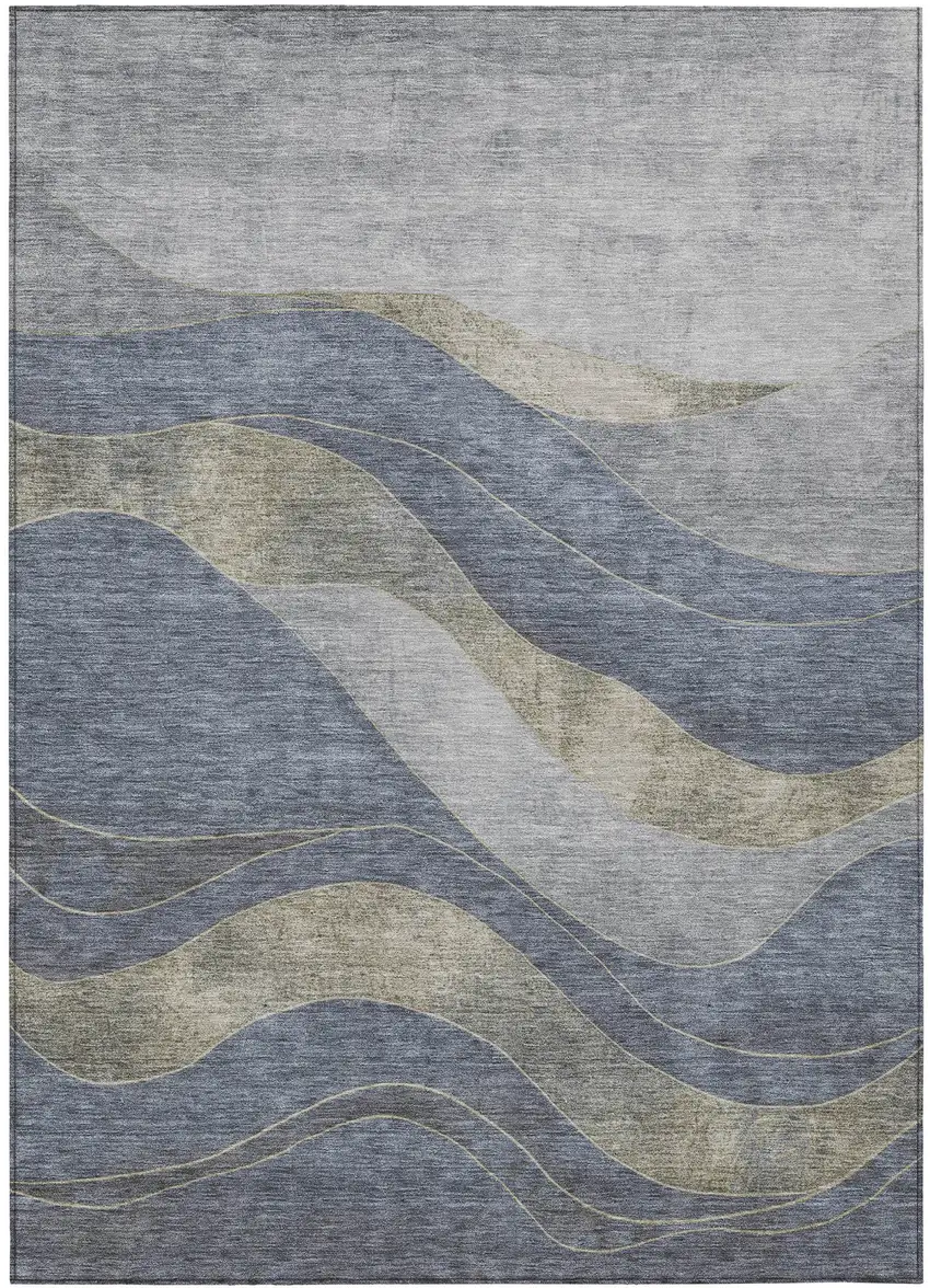 Denim Blue And Gray Abstract Washable Indoor Outdoor Area Rug Photo 3