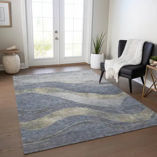 Denim Blue And Gray Abstract Washable Indoor Outdoor Area Rug Photo 6