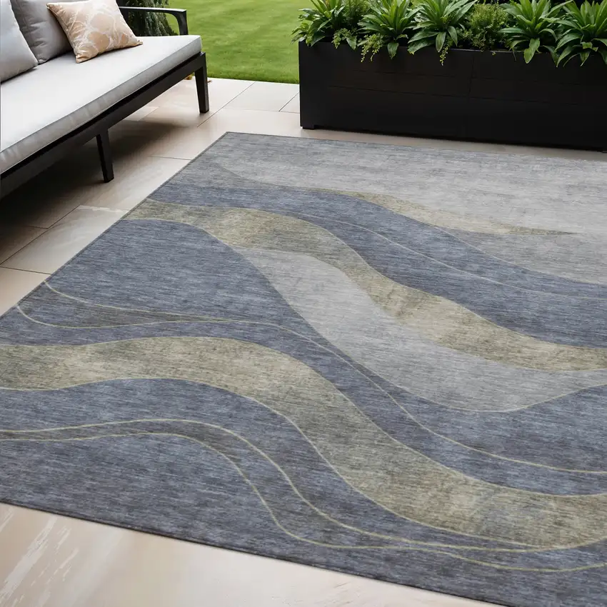 Denim Blue And Gray Abstract Washable Indoor Outdoor Area Rug Photo 2