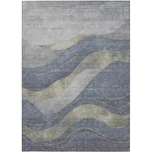 Photo of Denim Blue And Gray Abstract Washable Indoor Outdoor Area Rug