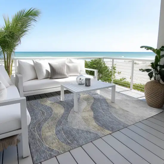 Denim Blue And Gray Abstract Washable Indoor Outdoor Area Rug Photo 6