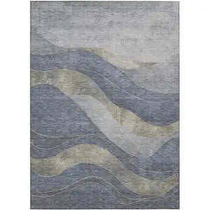 Photo of Denim Blue And Gray Abstract Washable Indoor Outdoor Area Rug