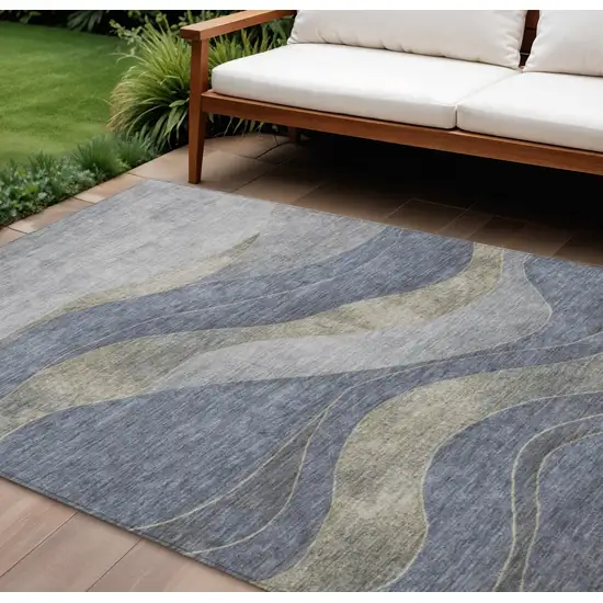 Denim Blue And Gray Abstract Washable Indoor Outdoor Area Rug Photo 2