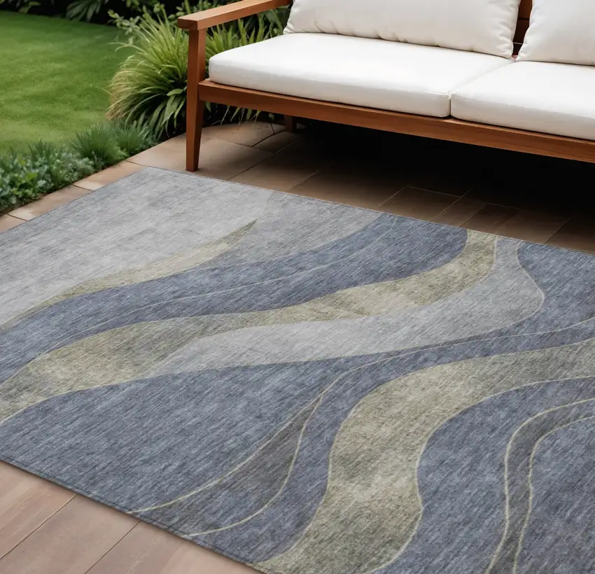 Denim Blue And Gray Abstract Washable Indoor Outdoor Area Rug Photo 2