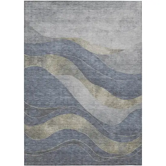 Denim Blue And Gray Abstract Washable Indoor Outdoor Area Rug Photo 9