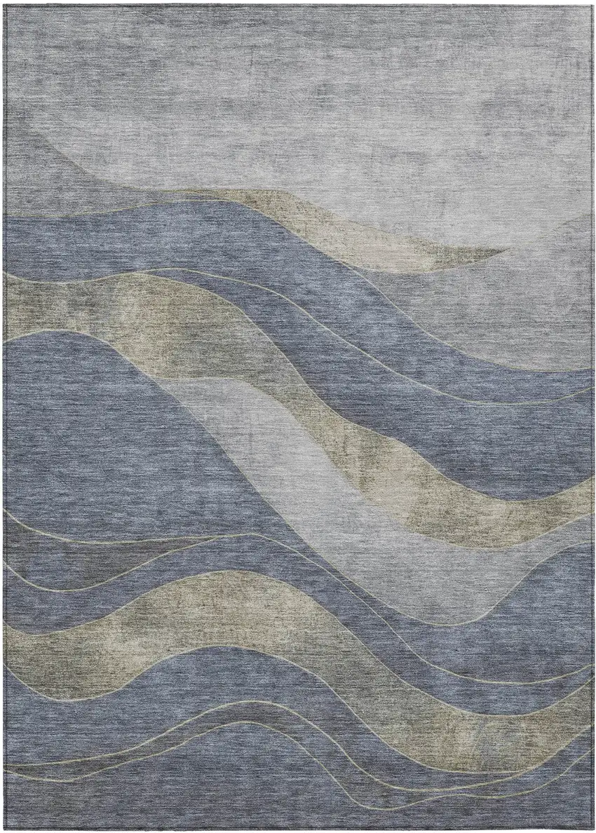Denim Blue And Gray Abstract Washable Indoor Outdoor Area Rug Photo 9