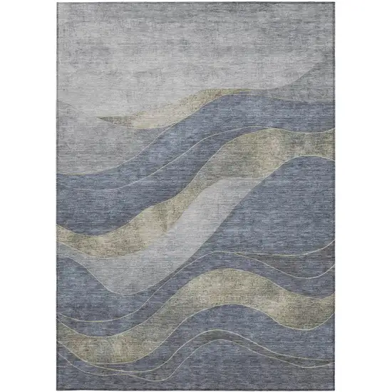 Denim Blue And Gray Abstract Washable Indoor Outdoor Area Rug Photo 1