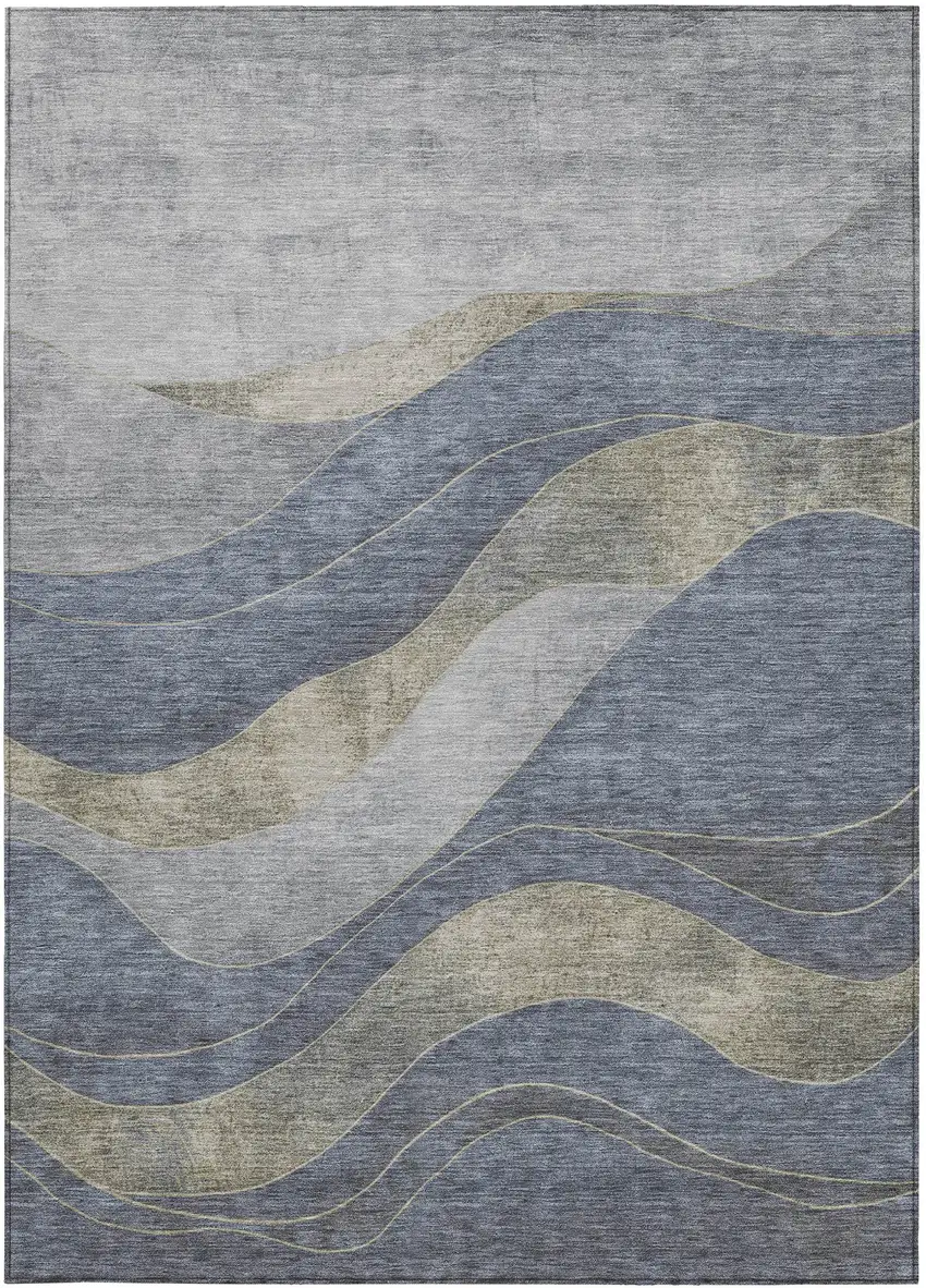Denim Blue And Gray Abstract Washable Indoor Outdoor Area Rug Photo 1