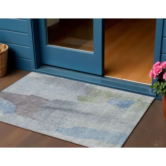 Denim Blue And Gray Abstract Washable Indoor Outdoor Area Rug Photo 2