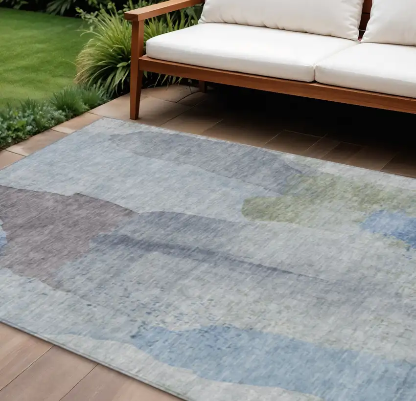 Denim Blue And Gray Abstract Washable Indoor Outdoor Area Rug Photo 2