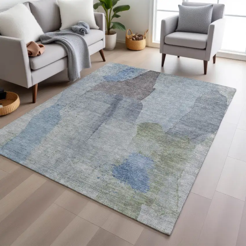 Denim Blue And Gray Abstract Washable Indoor Outdoor Area Rug Photo 4