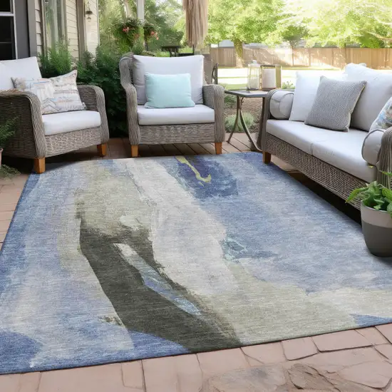 Denim Blue And Gray Abstract Washable Indoor Outdoor Area Rug Photo 3