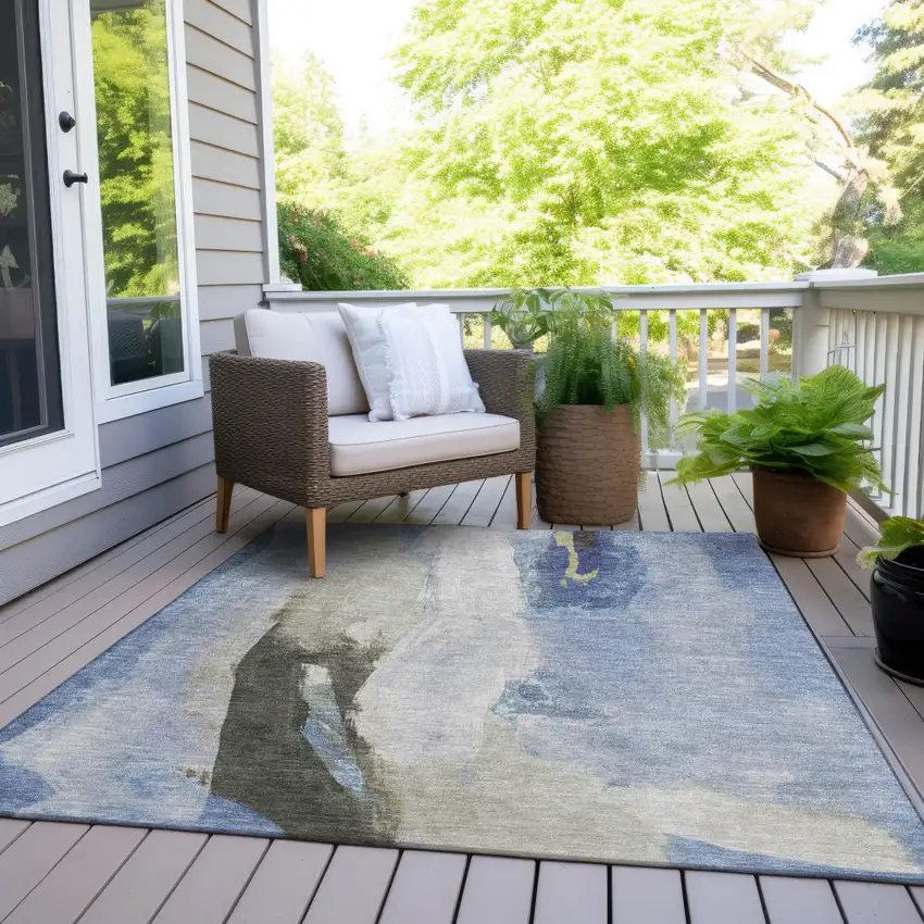 Denim Blue And Gray Abstract Washable Indoor Outdoor Area Rug Photo 6