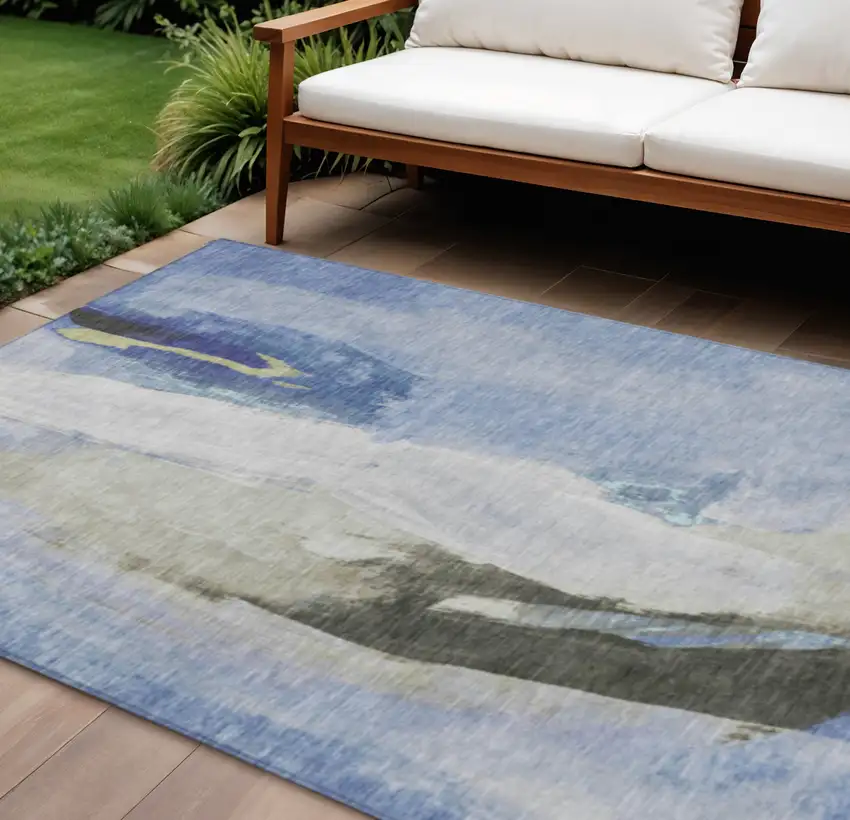 Denim Blue And Gray Abstract Washable Indoor Outdoor Area Rug Photo 4