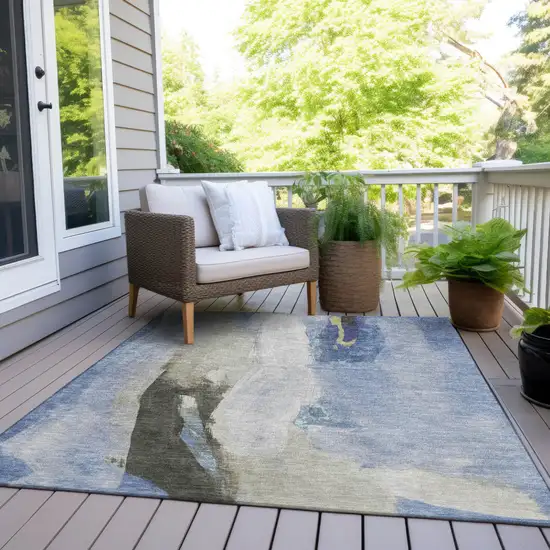 Denim Blue And Gray Abstract Washable Indoor Outdoor Area Rug Photo 8